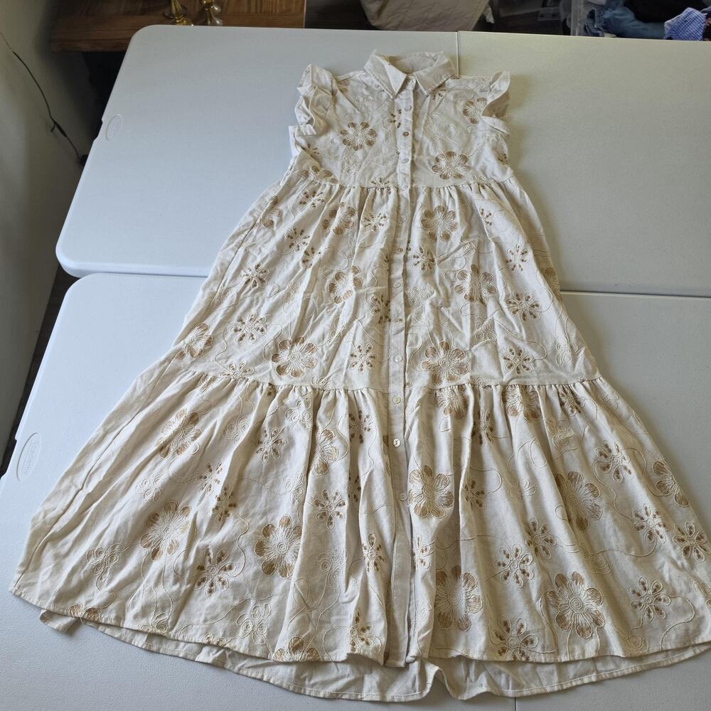 Embroidered Shirt Dress Womens M White Floral Eyelet Linen Midi Button Front
